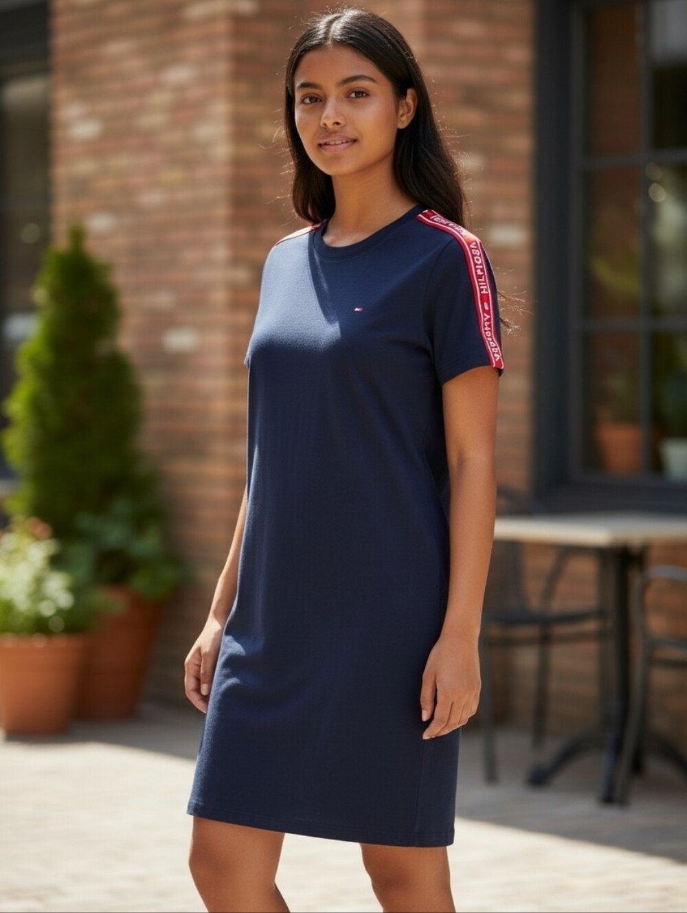 Tommy Hilfiger Navy Dress with Red Logo Sleeves size Medium